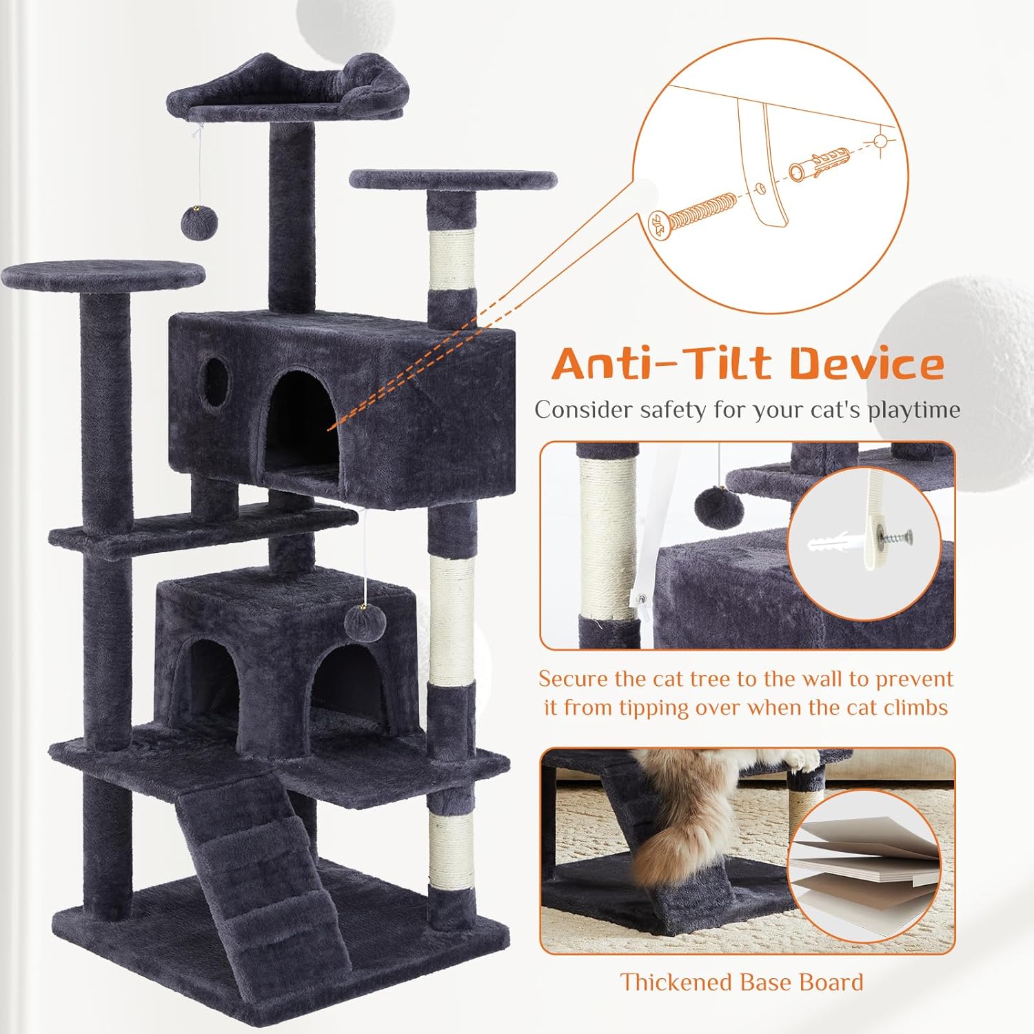 Delight Your Feline Friend with the 54 Inch Dove Grey Cat Tree Tower - Multi-Level Indoor Playground with Scratching Post, Climbing Ladder, and Plush Toys!