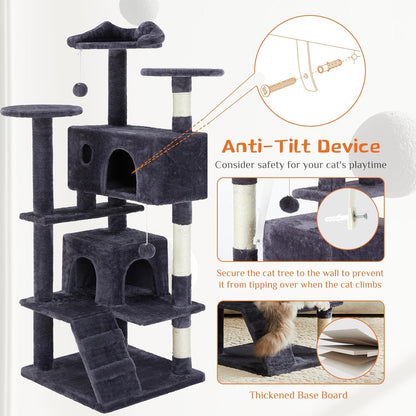 Delight Your Feline Friend with the 54 Inch Dove Grey Cat Tree Tower - Multi-Level Indoor Playground with Scratching Post, Climbing Ladder, and Plush Toys!
