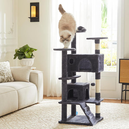 Delight Your Feline Friend with the 54 Inch Dove Grey Cat Tree Tower - Multi-Level Indoor Playground with Scratching Post, Climbing Ladder, and Plush Toys!