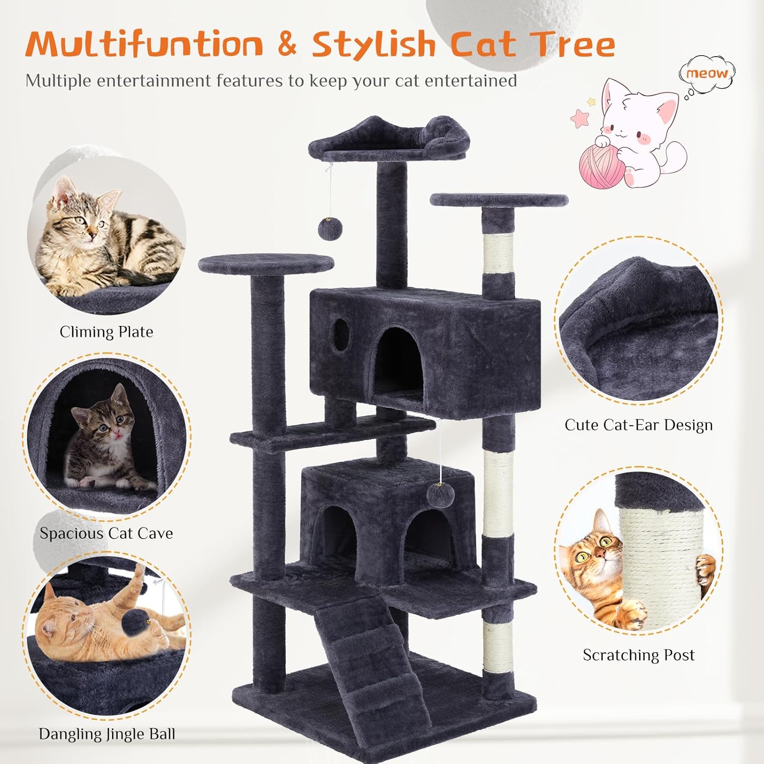 Delight Your Feline Friend with the 54 Inch Dove Grey Cat Tree Tower - Multi-Level Indoor Playground with Scratching Post, Climbing Ladder, and Plush Toys!