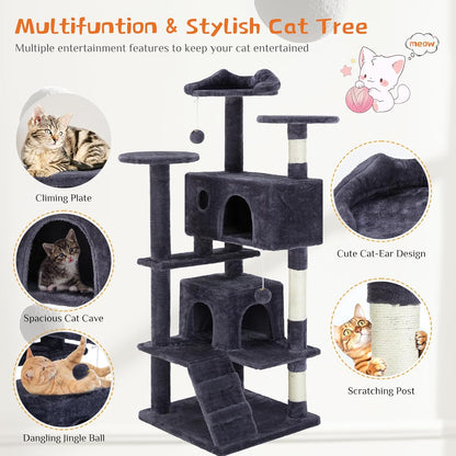 Delight Your Feline Friend with the 54 Inch Dove Grey Cat Tree Tower - Multi-Level Indoor Playground with Scratching Post, Climbing Ladder, and Plush Toys!