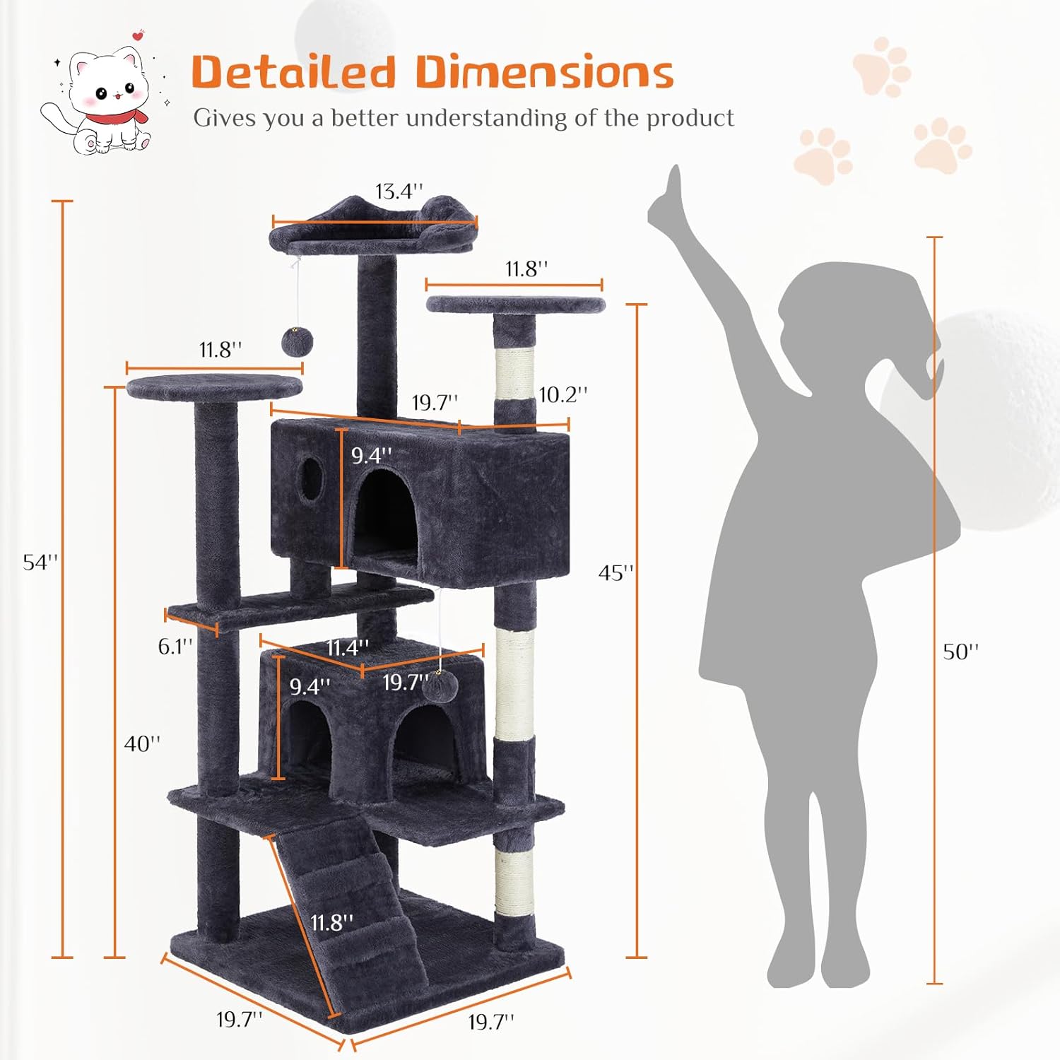 Delight Your Feline Friend with the 54 Inch Dove Grey Cat Tree Tower - Multi-Level Indoor Playground with Scratching Post, Climbing Ladder, and Plush Toys!