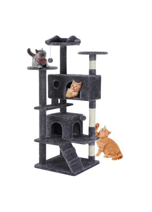 Delight Your Feline Friend with the 54 Inch Dove Grey Cat Tree Tower - Multi-Level Indoor Playground with Scratching Post, Climbing Ladder, and Plush Toys!